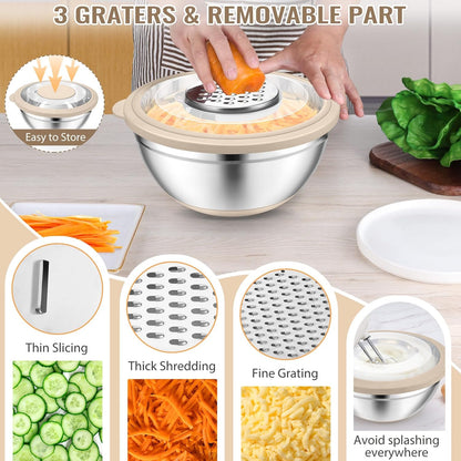 P&P CHEF 4-In-1 Stainless Steel Colander with Bowl Set, Rotatable Strainers for Kitchen, Fruit Cleaner, Washing Fruit & Draining Pasta, Mixing Bowl and Lid with Grater for Salad, Black