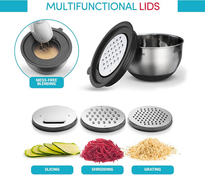 Belwares Mixing Bowls with Lids Set of 5 - Stainless Steel Mixing Bowl Set, Kitchen Nesting Metal Bowls with Non Slip Bottoms + 3 Grater Attachments, Airtight Lids, Food Prep + Storage, Matte Black