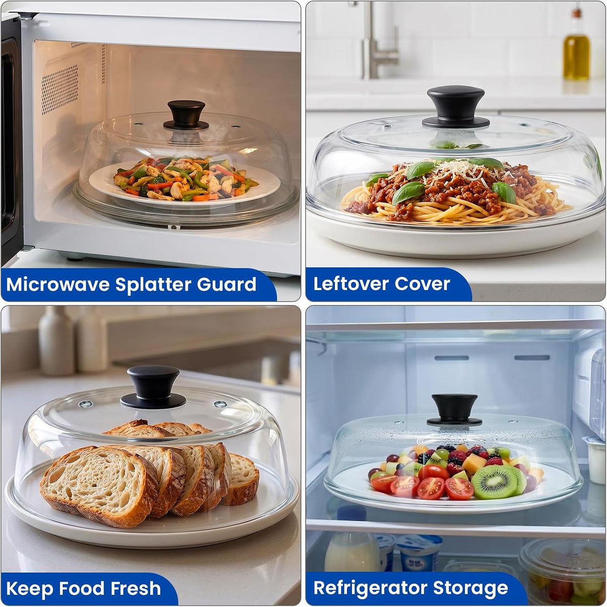 10 inch Glass Microwave Splatter Cover for Food, Plate Splatter Guard Lid, Microwave Food Cover with Vent Hole, BPA Free, Food Grade, No Plastic, Easy Grip Silicone Handle Knob, Dishwasher Safe