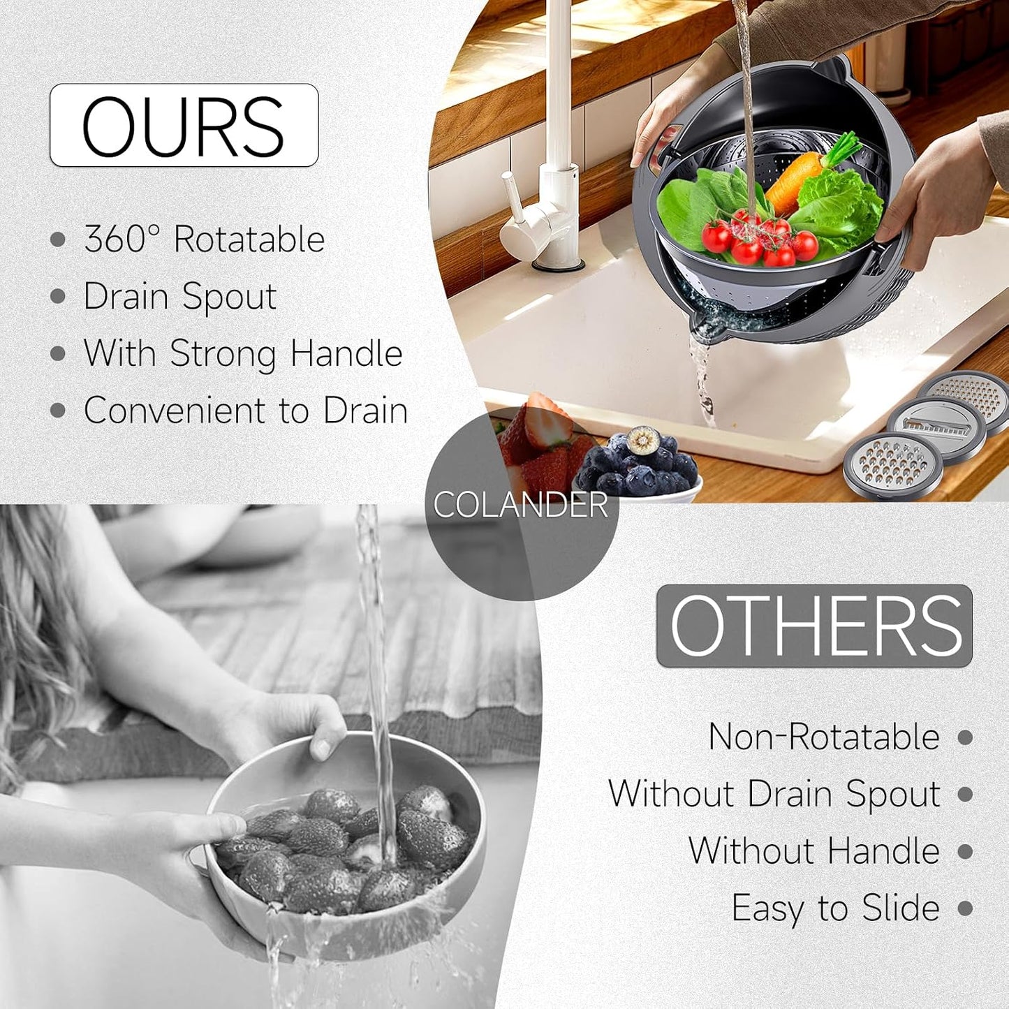 4-1 Colander with Bowl & Spoons Set - Rotatable Colander for kitchen with New Upgraded Graters, Food Strainer(Patented) for Pasta, Fruits, Vegetables, Funny Presents for Women, Beige