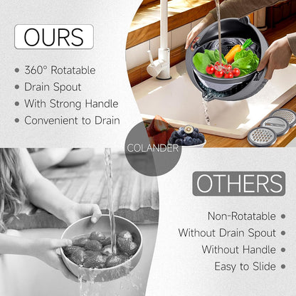 4-1 Colander with Bowl & Spoons Set - Rotatable Colander for kitchen with New Upgraded Graters, Food Strainer(Patented) for Pasta, Fruits, Vegetables, Funny Presents for Women, Beige