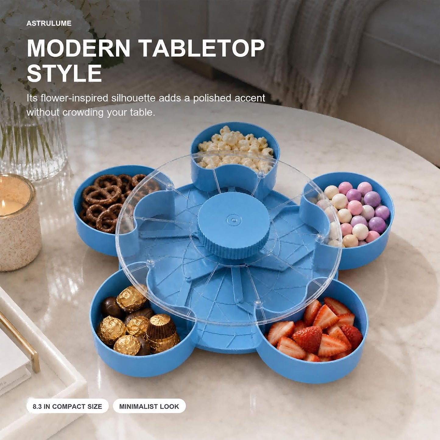 Rotating Lazy Susan Serving Tray with Lid, Portable Multi-Compartment Divided Platter for Snacks, Fruit, Nuts, and Dips- 8inch(Blue)