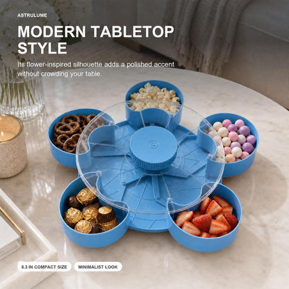 Rotating Lazy Susan Serving Tray with Lid, Portable Multi-Compartment Divided Platter for Snacks, Fruit, Nuts, and Dips- 8inch(Blue)