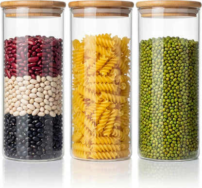 32oz - 4 Pack Glass Jars with Bamboo Lids, Glass Pantry Storage Containers with Airtight Lids, Round Air Tigh Food Storage Canisters for Cereal, Pasta, Flour, Sugar, Rice, Best for Kitchen Organizer