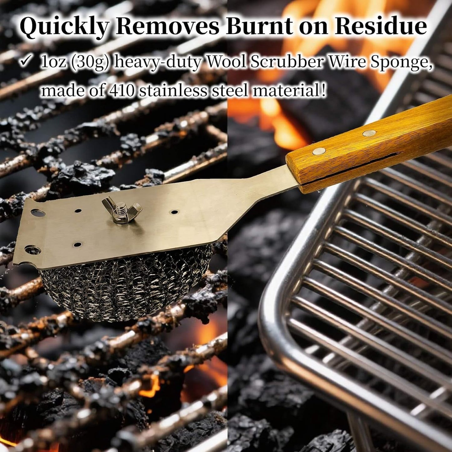 Grill Brush and Scraper for Barbecue – Safe Bristle Free Stainless Steel BBQ Cleaner with Heavy Duty Scrubber Pad, Grill Accessories Steel Wool Scrubbers for Porcelain Gas Charcoal Grill