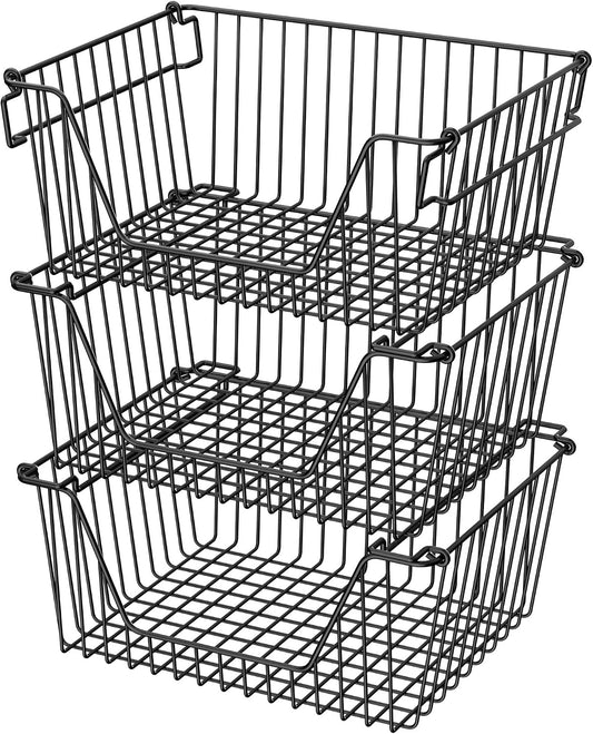 Stackable Wire Metal Baskets Sturdy Cabinet Organizer Wire Pantry Freezer Bin with Handle for Kitchen Fruit Vegetable Organization, Black, 3Packs