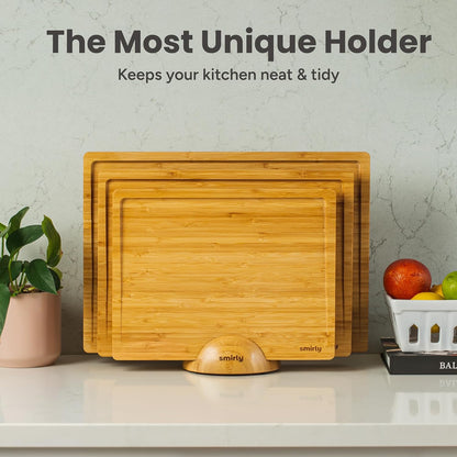SMIRLY Walnut Cutting Board for Kitchen - Wood Cutting Boards with Handle and Juice Groove for Meal Prep, Serving, Charcuterie - Kitchen Gadgets - Non Toxic Wooden Chopping Board Set of 3 with Holder