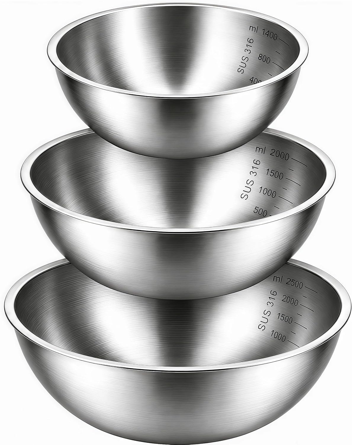 Stainless Steel Mixing Bowls Set of 3, 1.5/2.5/4 Qt Metal Mixing Bowls with Measurement Marks, Nesting Stainless Steel Bowl Set, Dishwasher Safe Stackable Kitchen Bowls for Baking, Salad & Meal Prep
