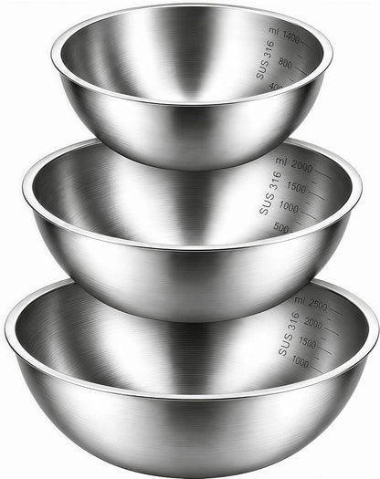Stainless Steel Mixing Bowls Set of 3, 1.5/2.5/4 Qt Metal Mixing Bowls with Measurement Marks, Nesting Stainless Steel Bowl Set, Dishwasher Safe Stackable Kitchen Bowls for Baking, Salad & Meal Prep