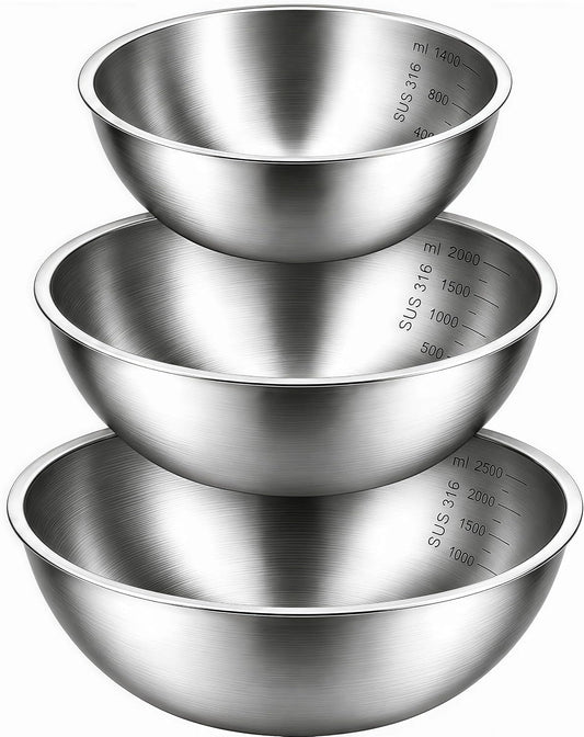 Stainless Steel Mixing Bowls Set of 3, 1.5/2.5/4 Qt Metal Mixing Bowls with Measurement Marks, Nesting Stainless Steel Bowl Set, Dishwasher Safe Stackable Kitchen Bowls for Baking, Salad & Meal Prep