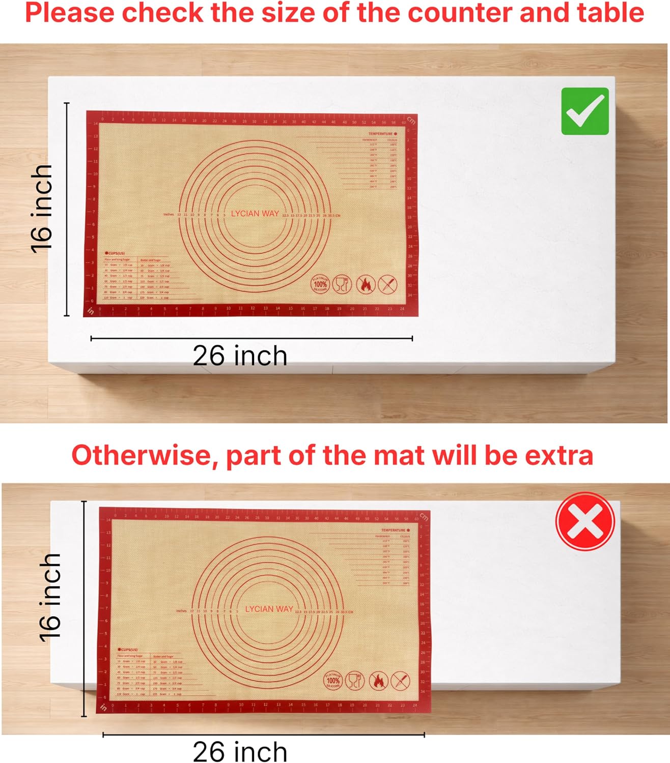 Silicone Pastry Mat with Measurements, 28 x 20 Inch Extra Thick Non-Slip Nonstick XL Baking Mat for Dough Rolling, Kneading, Fondant and Pie, Red