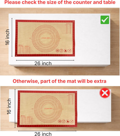 Silicone Pastry Mat with Measurements, 28 x 20 Inch Extra Thick Non-Slip Nonstick XL Baking Mat for Dough Rolling, Kneading, Fondant and Pie, Red