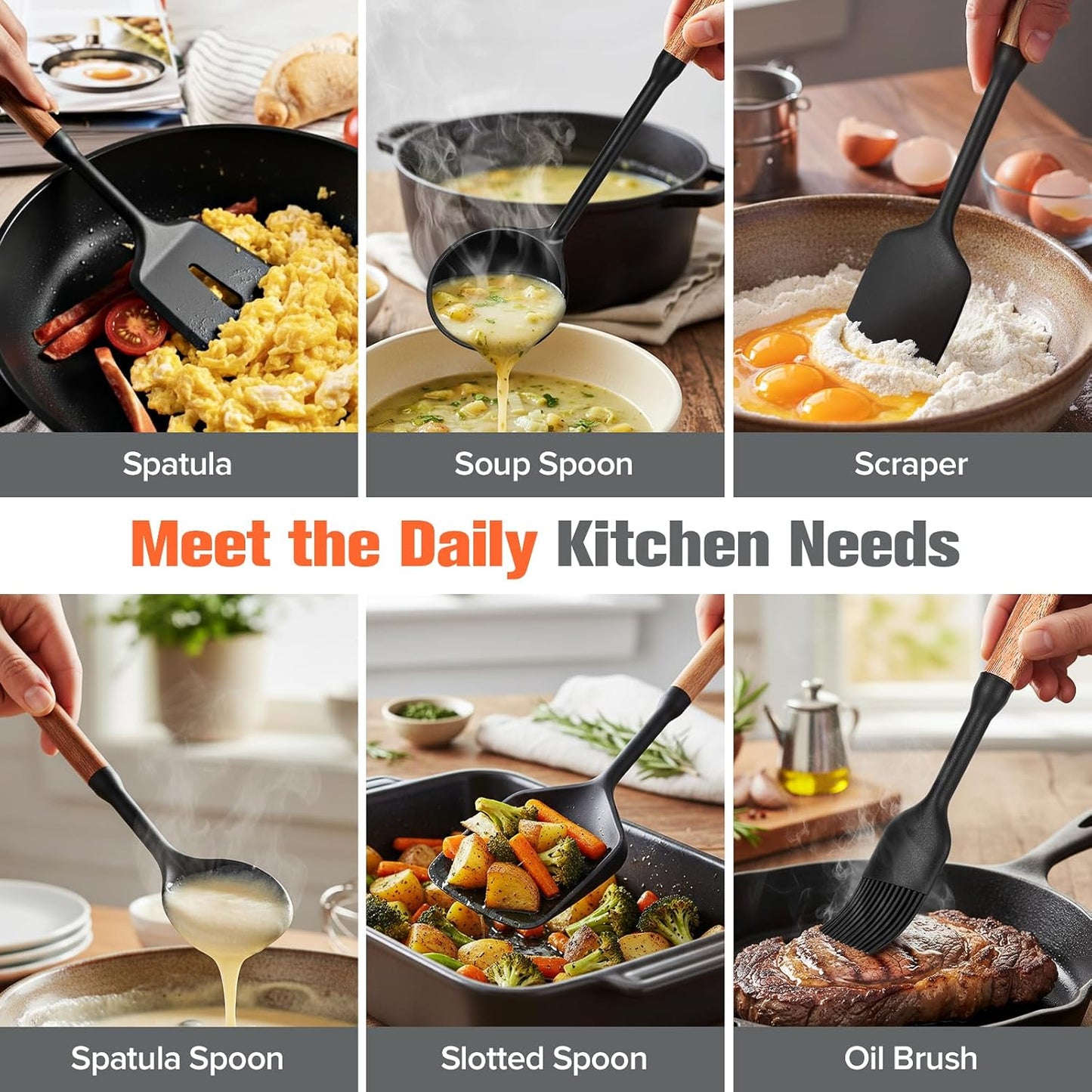 Silicone Cooking Utensils Set of 7 Pack, Wood Handle Heat-Resistant Kitchen Utensils, Non-Stick Cookware Safe - Include Spatula, Spoon, Ladle, Bowl Scraper, Basting Brush for Cooking, Baking, BBQ