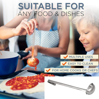 Fit Meal Prep [2 Pack] 2 oz Stainless Steel Soup Ladle, One-Piece Sauce Spatula with Hook Handles, Commercial Grade Serving Spoon, Kitchen Tool for Restaurant or Home Cooking, Mirror Finish, 12" Long