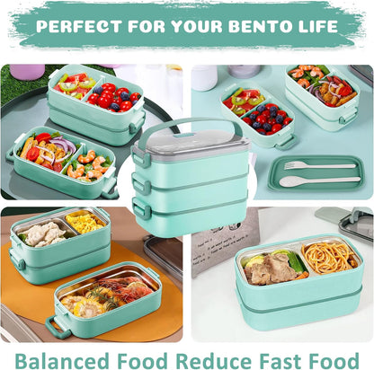 Stainless Steel Bento Box for Adults&Kids,Japanese Leakproof Lunch Box Divided Food Meal Storage Containers Set Stackable 2 Layer for Children School Picnic Beige