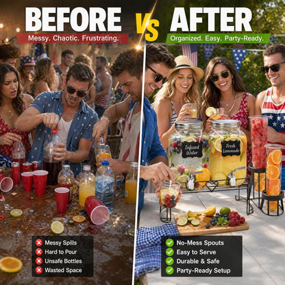 2 Pack1 Gallon Glass Drink Dispensers For Parties,Beverage Dispenser with Stand,304 Stainless Steel Spigot Leakproof,Lemonade Dispenser for Sun Tea, Homemade Juice