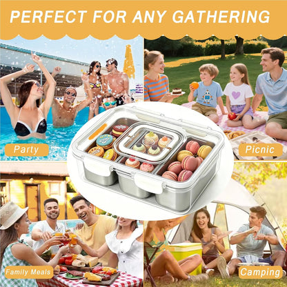 Snackle Box Container, Stainless Steel Divided Serving Tray with Lid and Handle, Large Snack Tray for Fruit Veggie Candy, 8-Compartment Snack Platter for Travel Party Beach Picnic