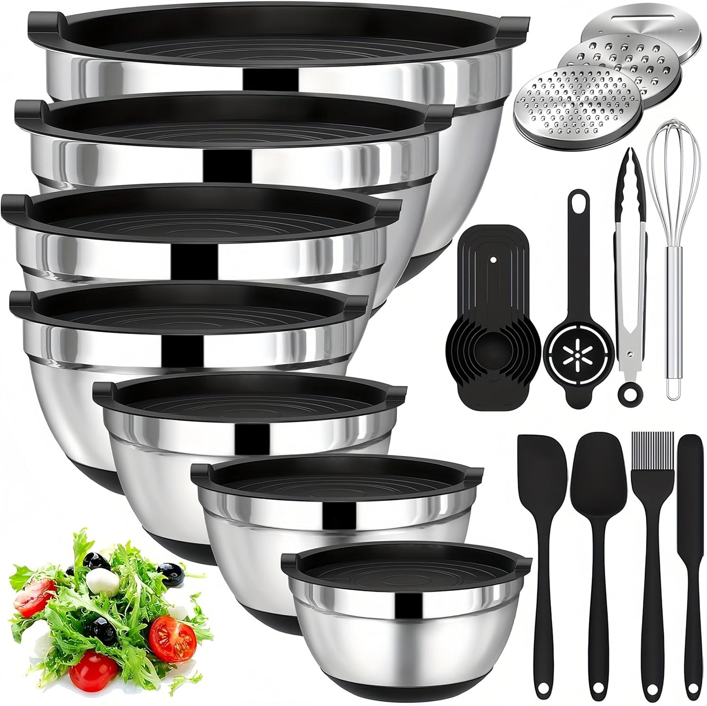 Mixing Bowls with Lids Set,7PCS Stainless Steel Bowls with 3 Grater Attachments and Measuring Spoons,Ideal for Kitchen Cooking & Serving,Non-slip Bottoms Size 6, 4, 3, 2.1,1.5,1,0.63QT (Black)