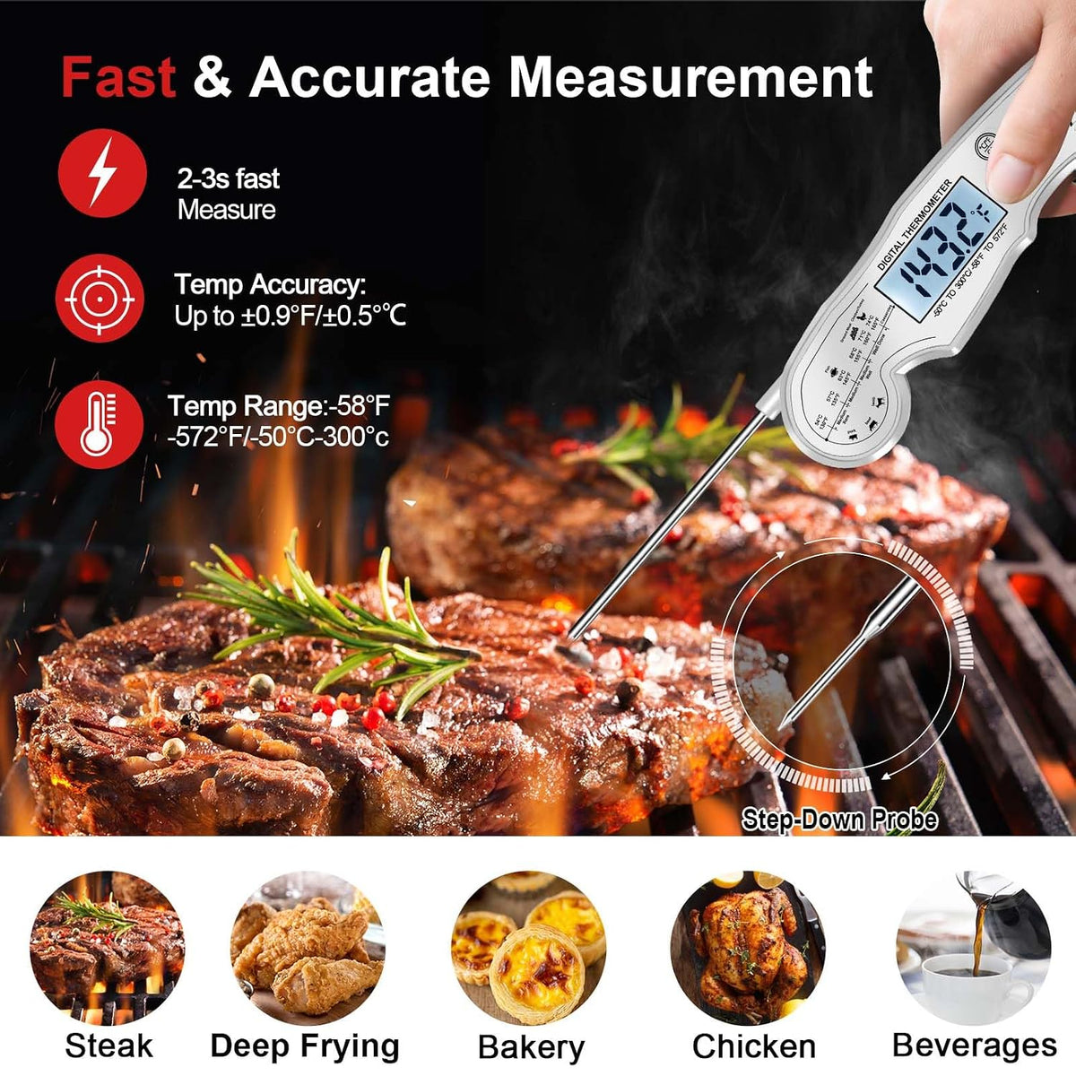 Meat Thermometer Digital for Grilling and Cooking - ANDAXIN Waterproof Ultra-Fast Instant Read Food thermometers with Backlight & Calibration for Kitchen, Deep Fry, BBQ, Grill(Red/Black), LCD