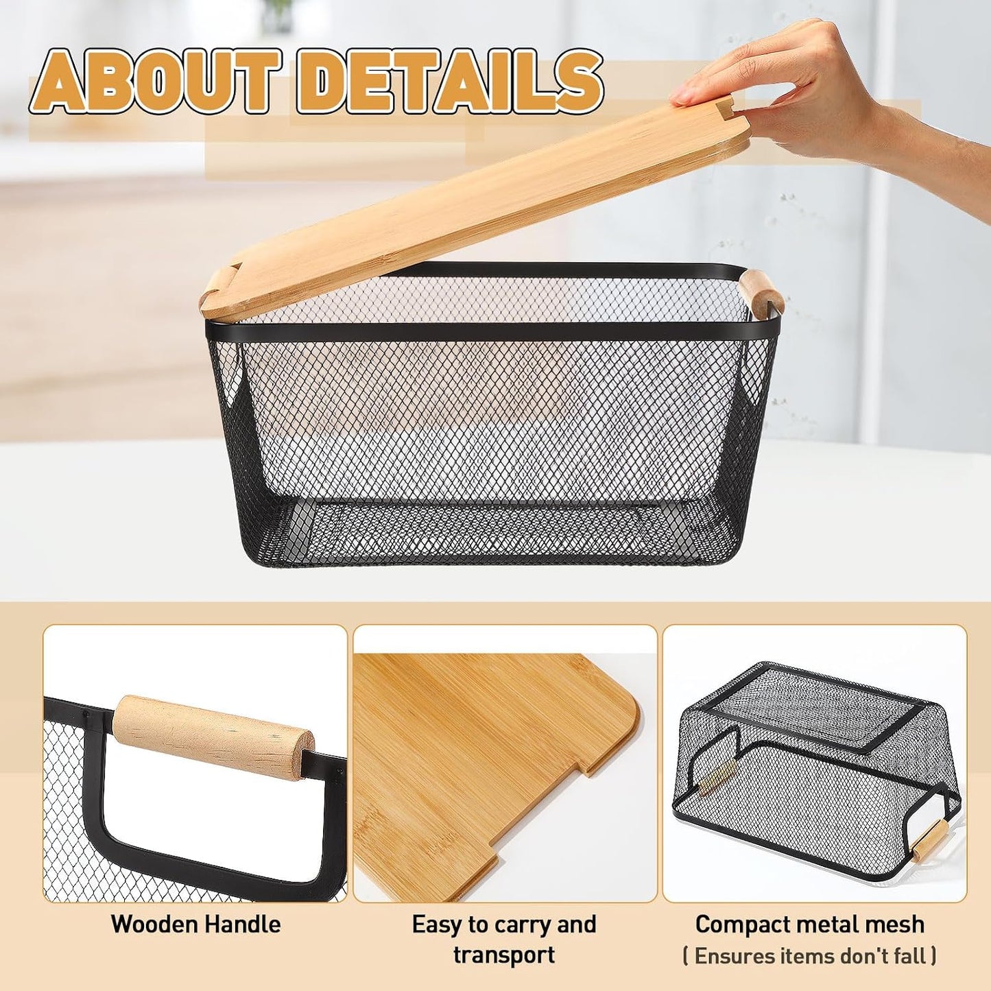 Geelin 4 Pcs Metal Wire Basket with Wooden Handles and Bamboo Lids 12.2 x 8.27 x 5.51 Mesh Steel Basket Stackable Storage Bins Organizer Containers for Vegetables Fruit Home Cabinet Pantry(White)