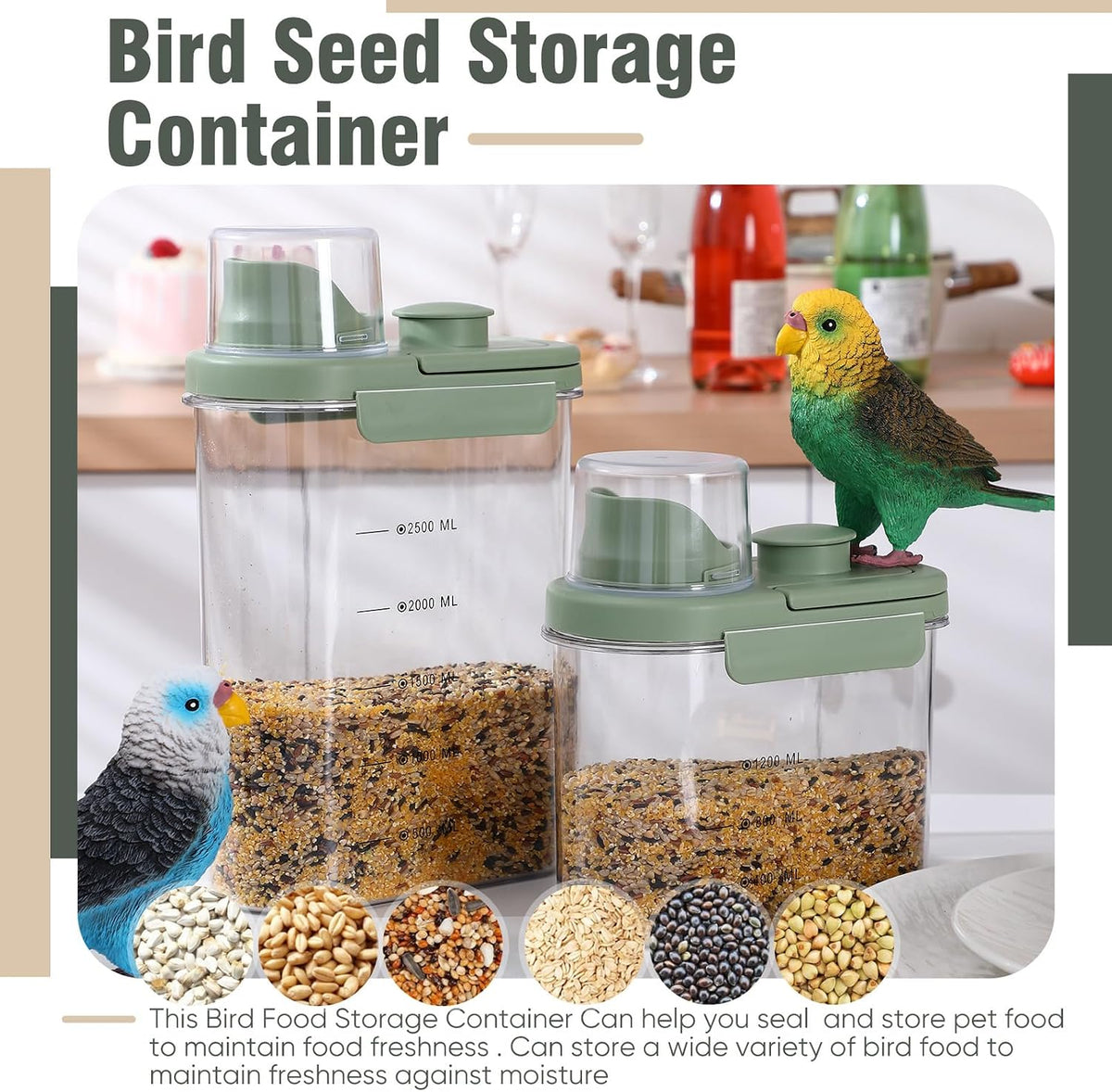 Maxdot 2 Pcs Bird Food Storage Container, Bird Seed Container with Lids Airtight Cup Pet Parrot Food Storage 1.7 Qt & 3 Qt Measuring Containers Easy Pour Spouts for Macaws African Cockatoos(Green)