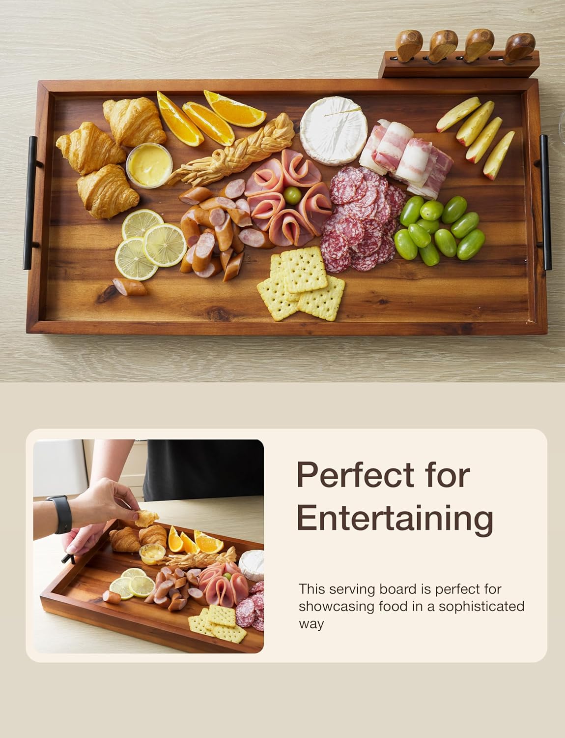TIDITA Acacia Large Charcuterie Boards for Party with Cheese Knife Set of 4 – Acacia Wood Serving Tray with Handles, Long Charcuterie Board, Wooden Cheese Board (Walnut Color, 30 Inch)