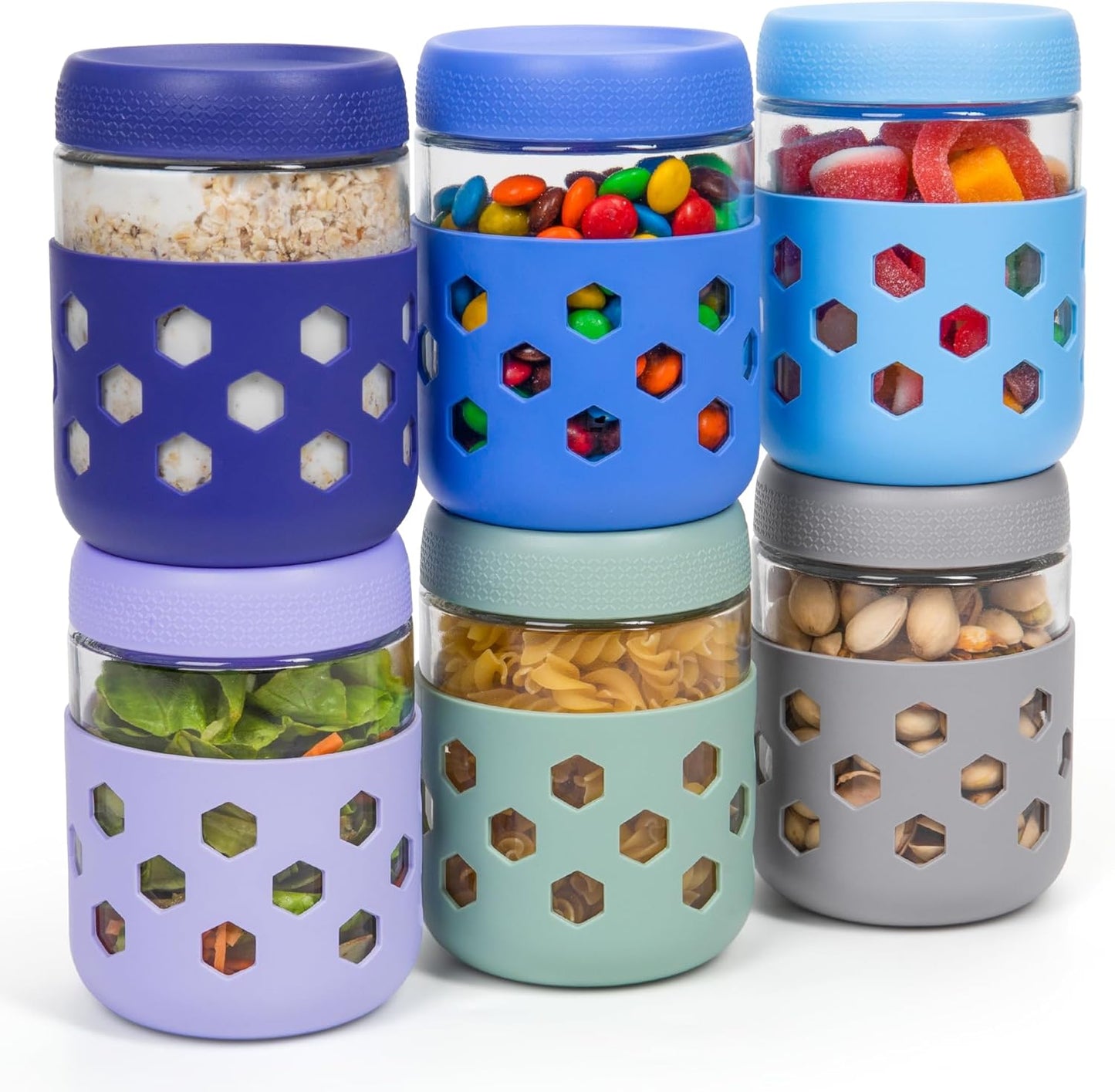 Gemice 6-Pack 10oz Glass Mason Jars with Silicone Sleeves, Airtight BPA-Free Overnight Oats Containers with Lids, Dishwasher Safe Leak-Proof Meal Prep Jars for Chia Pudding, Yogurt, Snacks
