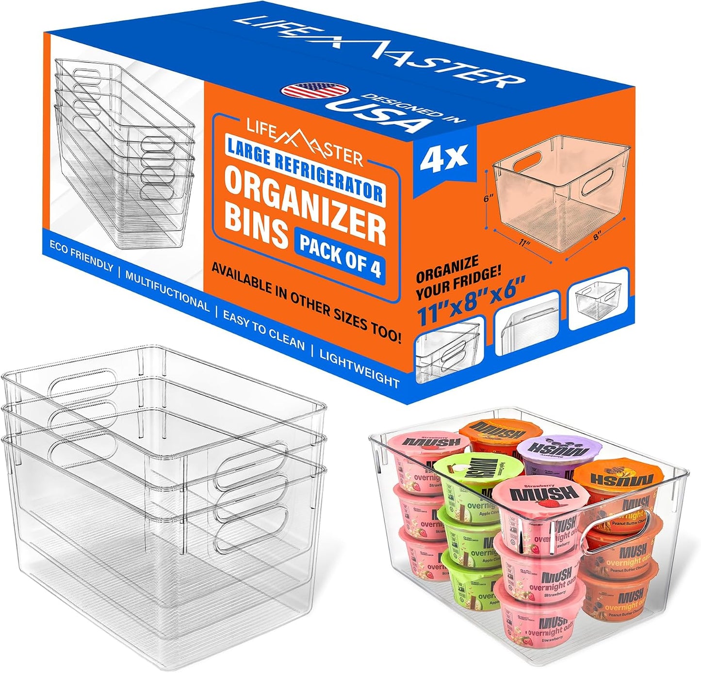 Lifemaster Stackable Refrigerator Bins - Set of 6 Large Capacity Organizers with Easy Grip Handles - Clear and Versatile for Kitchen Storage