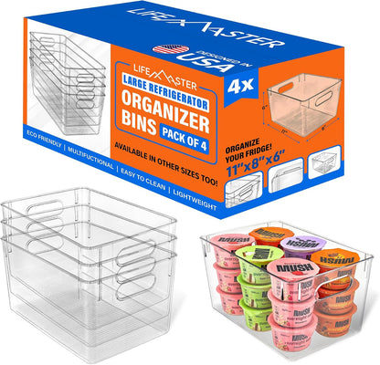 Lifemaster Stackable Refrigerator Bins - Set of 6 Large Capacity Organizers with Easy Grip Handles - Clear and Versatile for Kitchen Storage