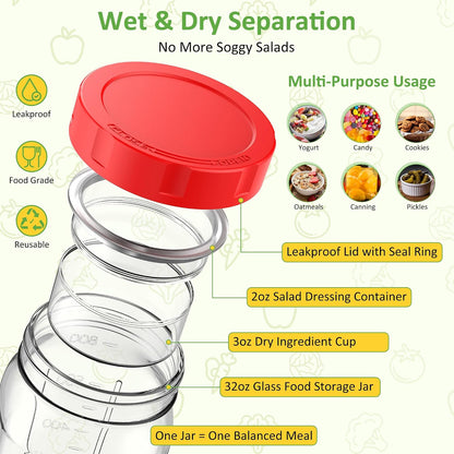 4Pack Glass Salad Jars with Lids, 32oz Salads Mason Jars with Wet/Dry Separation Cup, Meal Prep Salad Containers for Lunch, Leakproof Wide Mouth Food Storage Containers, BPA-Free Reusable (Orange)