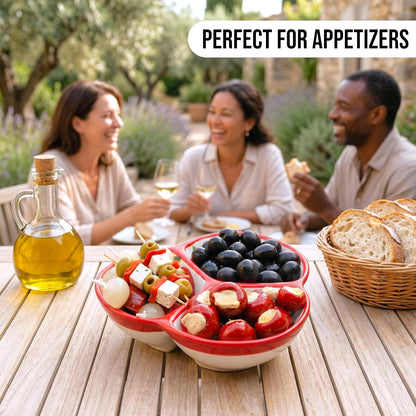 Ceramic Chip & Dip Bowl 7.5”, 3-Compartment Divided Serving Dish & Condiment Tray for Appetizers – Handmade in Spain, Lead-Free Glaze, Microwave, Oven & Dishwasher Safe
