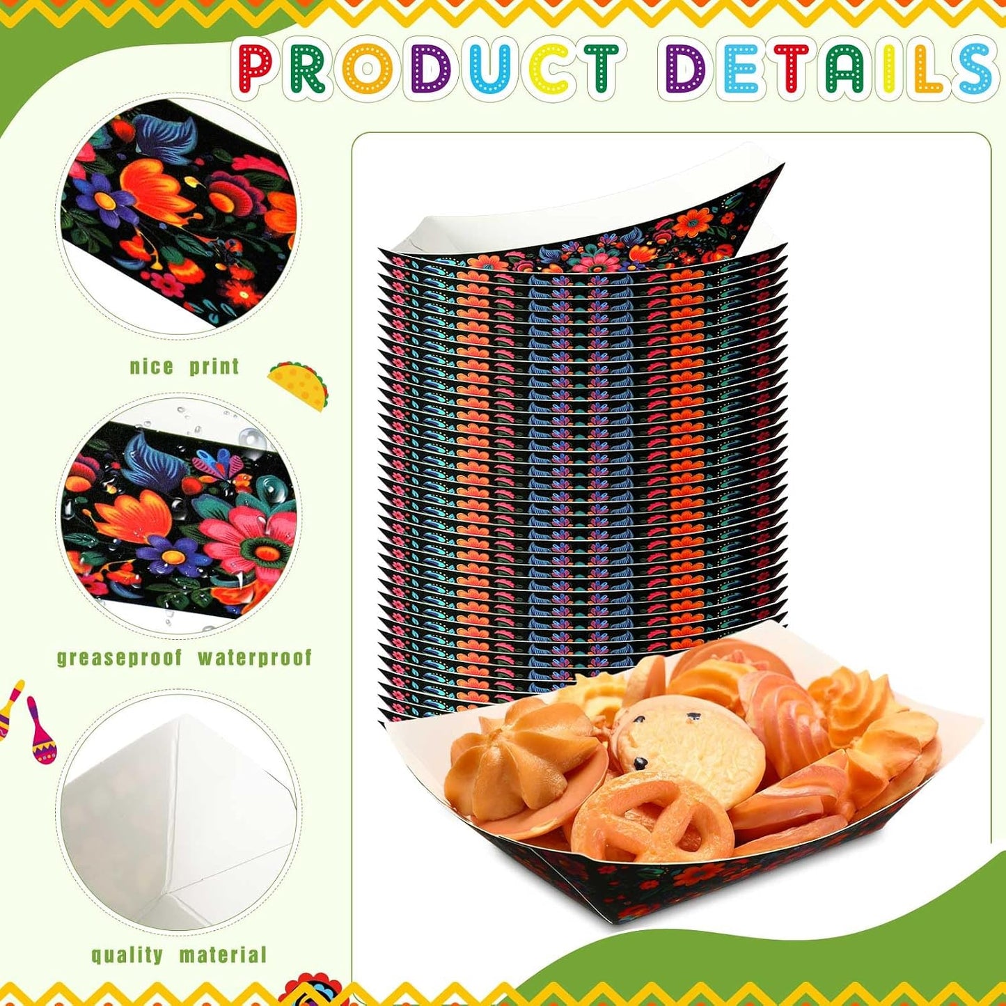 Gejoy 100 Pcs 2 lb Mexican Paper Food Trays Disposable Fiesta Nacho Trays Taco Nights Snack Boats Carnival Food Container Popcorn Holder for Festival Birthday Supplies(Classic)