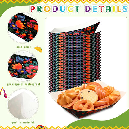 Gejoy 100 Pcs 2 lb Mexican Paper Food Trays Disposable Fiesta Nacho Trays Taco Nights Snack Boats Carnival Food Container Popcorn Holder for Festival Birthday Supplies(Classic)
