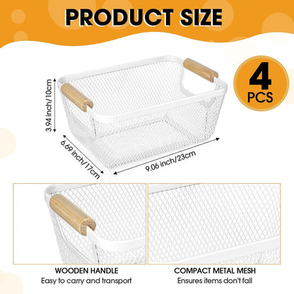 Ziliny 4 Pcs Metal Mesh Wire Baskets with Wooden Handles for Organizing, Pantry Organizers and Storage Steel Bin Kitchen Baskets for Fruit Potato Onion Snacks Bathroom Cabinet(Medium,Cream White)