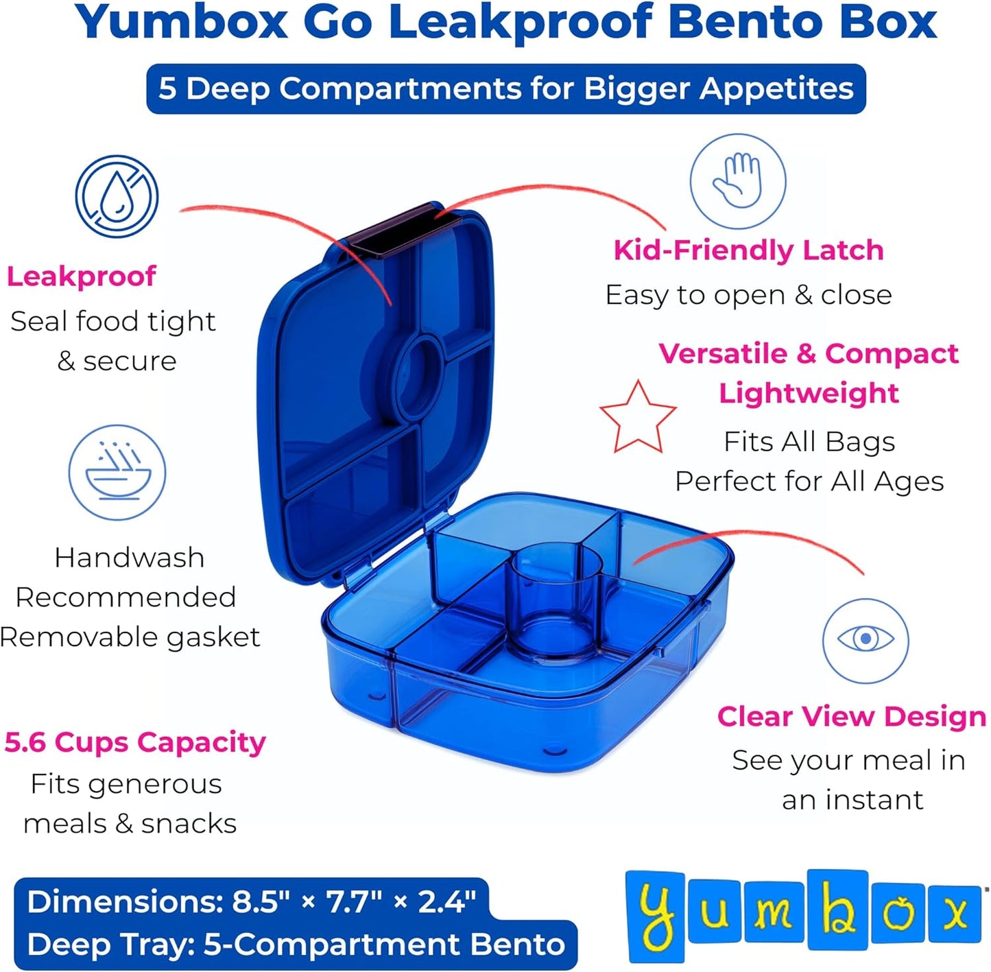 Yumbox Go Leakproof Bento Lunch Box, 5 Compartments, Charcoal Gray | Deep Portioned Tray | Removable Silicone Gasket | Lightweight Construction | Fits Most Lunch Bags | Easy-Clean Design