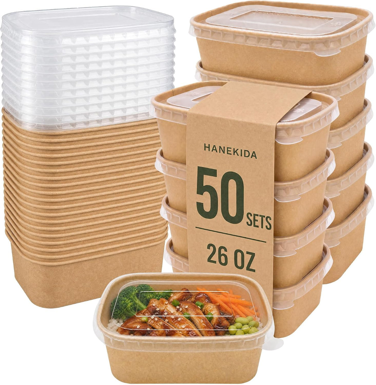 34 oz Paper Bowls with Lids, 50 Count Disposable Meal Prep Containers