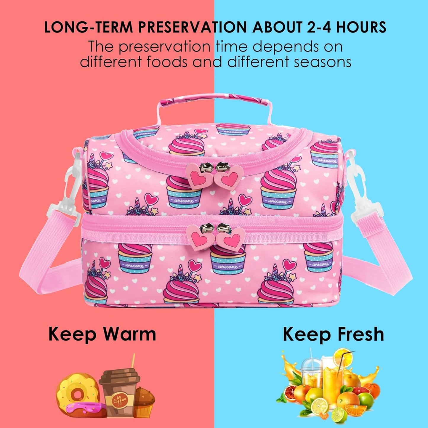 Insulated Kids Dual Compartment Lunch Bags Tote Pack for Girls Boys Toddler Kindergarten School Picnic Cooler Thermal Lunch Boxes with Strap (Green Rainbow)