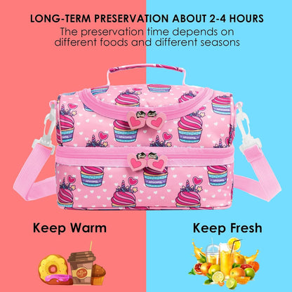 Insulated Kids Dual Compartment Lunch Bags Tote Pack for Girls Boys Toddler Kindergarten School Picnic Cooler Thermal Lunch Boxes with Strap (Green Rainbow)