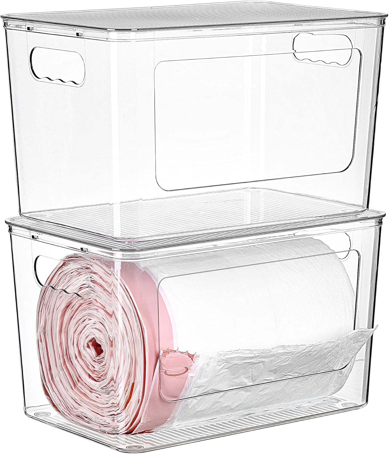 Vtopmart 2 Pack Trash Bag Holder with Bamboo Lid, Stackable Garbage Bag Dispenser for 13/30/33 Gallon Bags, Clear Organizer Bins for Under Kitchen Sink, Laundry Room Organization and Storage