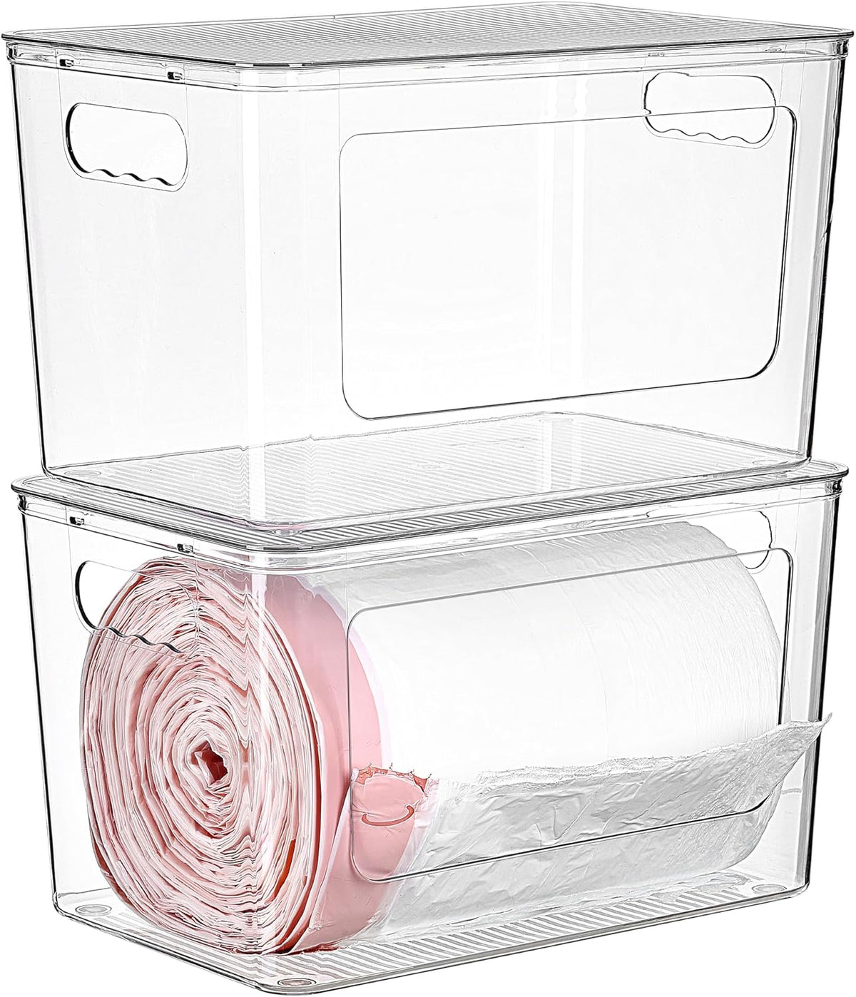 Vtopmart 2 Pack Trash Bag Holder with Bamboo Lid, Stackable Garbage Bag Dispenser for 13/30/33 Gallon Bags, Clear Organizer Bins for Under Kitchen Sink, Laundry Room Organization and Storage