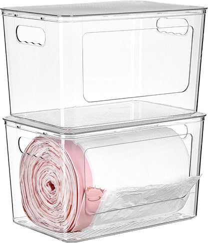 Vtopmart 2 Pack Trash Bag Holder with Bamboo Lid, Stackable Garbage Bag Dispenser for 13/30/33 Gallon Bags, Clear Organizer Bins for Under Kitchen Sink, Laundry Room Organization and Storage