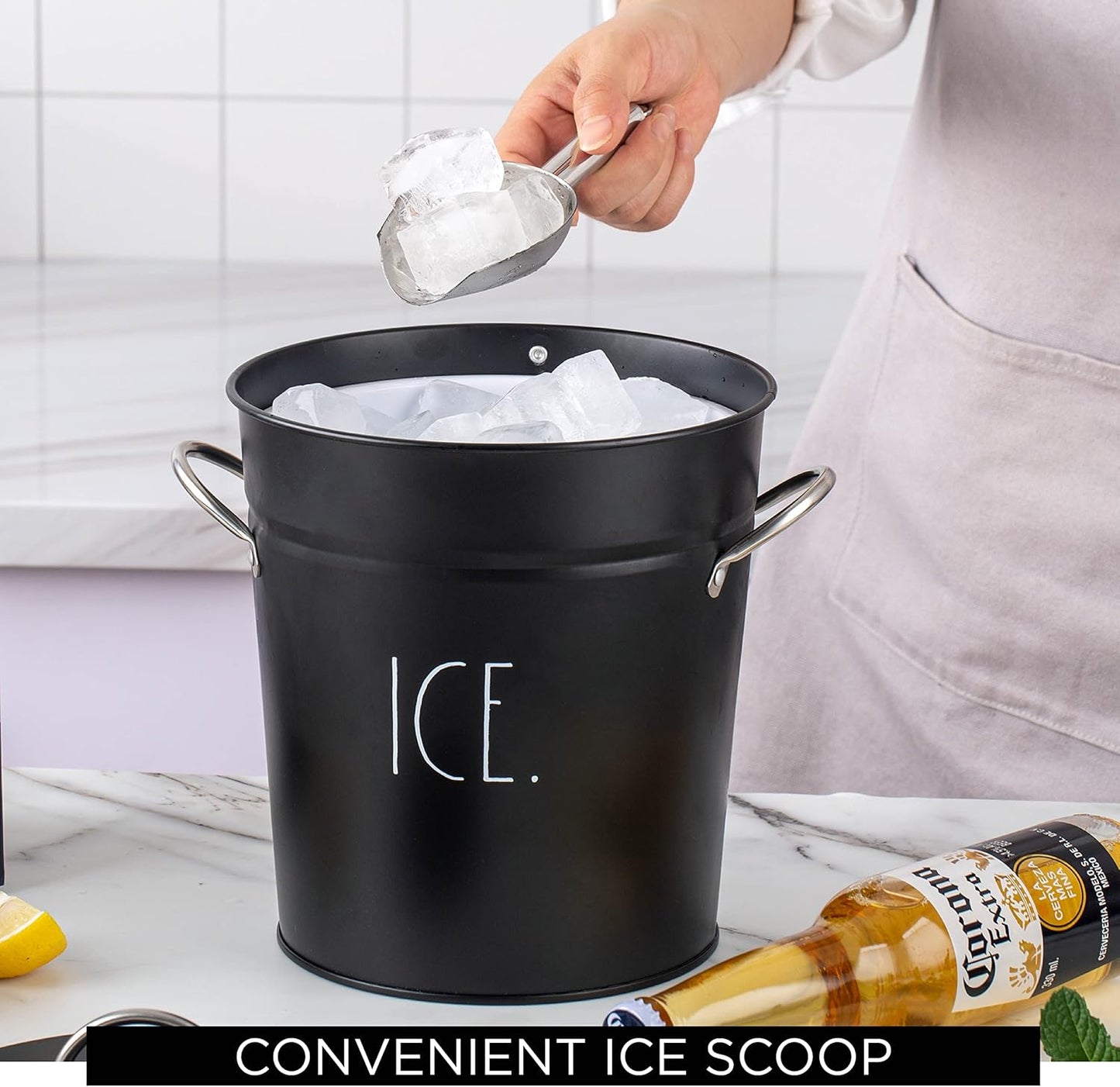 Rae Dunn Ice Bucket with Scoop - Stainless Steel Bucket with Handle, Lid and Ice Scooper - 4 Qt. Storage Bin for Ice Cubes for Bars, Parties, Backyard Barbeques, Picnics, and Camping (Black)