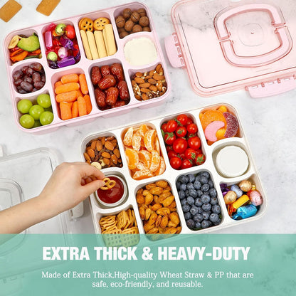 Caperci Snackle Box Container - Large 10-Compartment Divided Serving Tray with Lid and Handle, Built-in 2 Dip Containers, Dishwasher Safe, Leak-Proof, Wheat Straw, BPA-Free (White)
