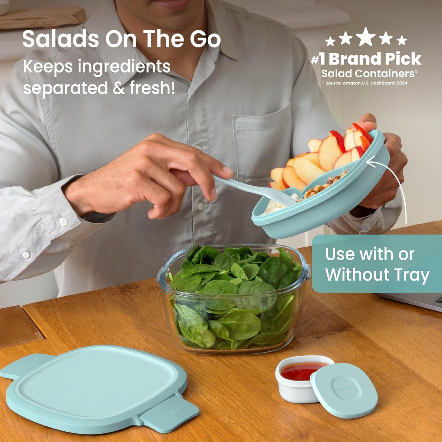 Bentgo Glass Salad Container - 7.6-Cup Salad Bowl with Airtight Lid, Leak-Proof Sauce Container, 4-Compartment Bento Tray & Reusable Fork - BPA-Free for Meal Prep, Office & More (Light Blue)