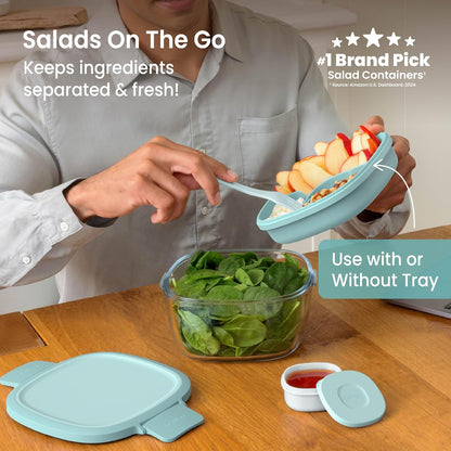 Bentgo Glass Salad Container - 7.6-Cup Salad Bowl with Airtight Lid, Leak-Proof Sauce Container, 4-Compartment Bento Tray & Reusable Fork - BPA-Free for Meal Prep, Office & More (Light Blue)
