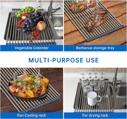 Expandable Roll Up Dish Drying Rack Over The Sink Rack, Foldable Dish Drainer Rack Stainless Steel for Large Sink, Silicone Rollable Collapsible Rack 18 Tube for Kitchen(Sliver,12.8'' to 21.25”)