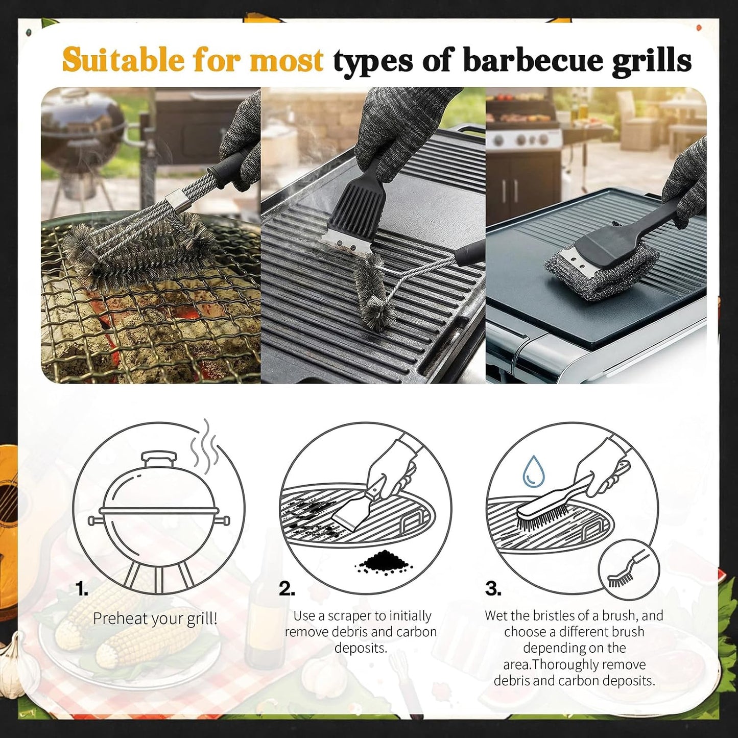 5 Pcs BBQ Grill Brush for Outdoor 304 Stainless Steel Grill Cleaning Tools Set with Scraper, Pointed Tail, Triangular, Scouring Pad Brush for Gas Porcelain Charbroil Grates for Men Dad