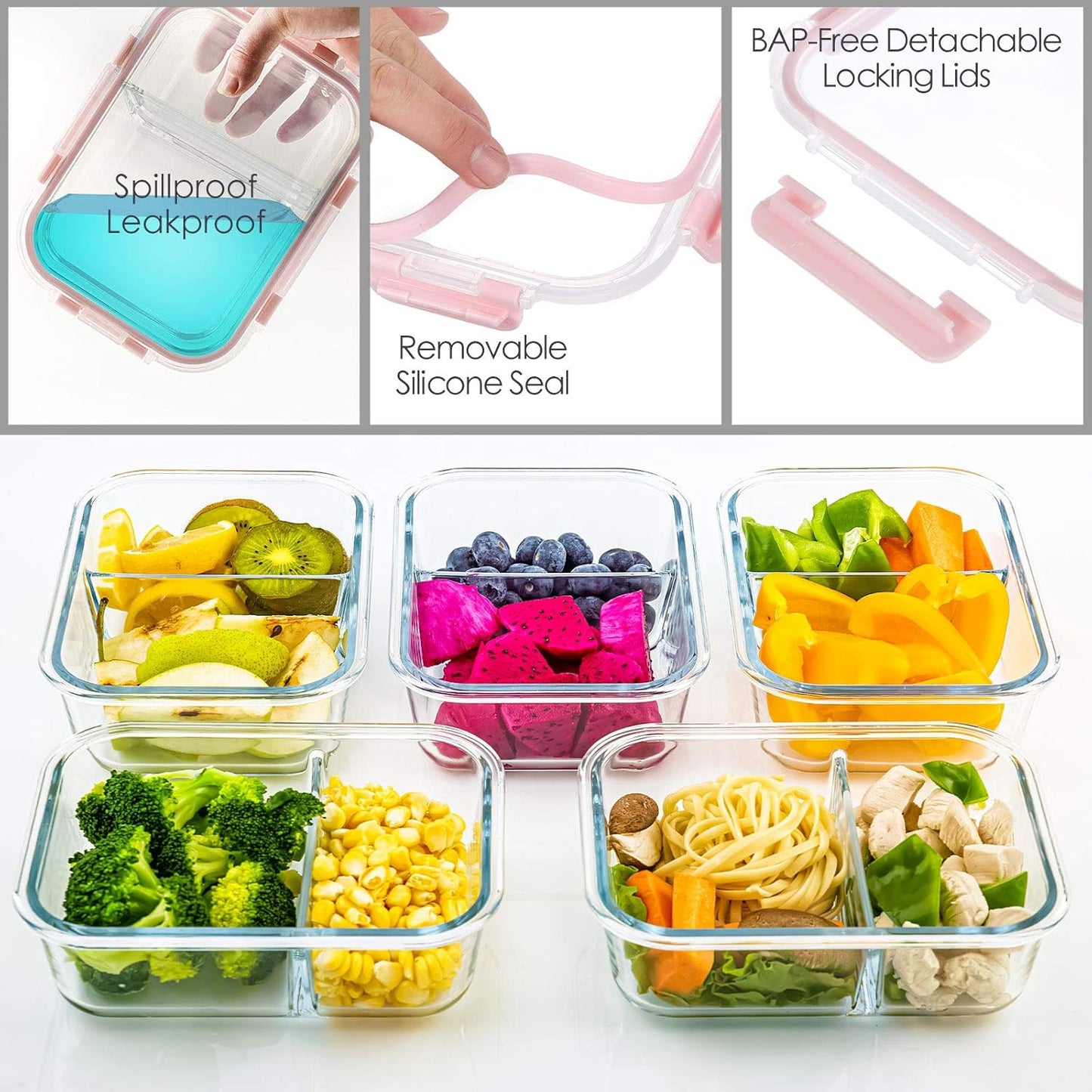 C CREST [5-Pack] Glass Lunch Box, Meal Prep Glass Containers with Lids, Glass Food Storage Containers, 34 OZ