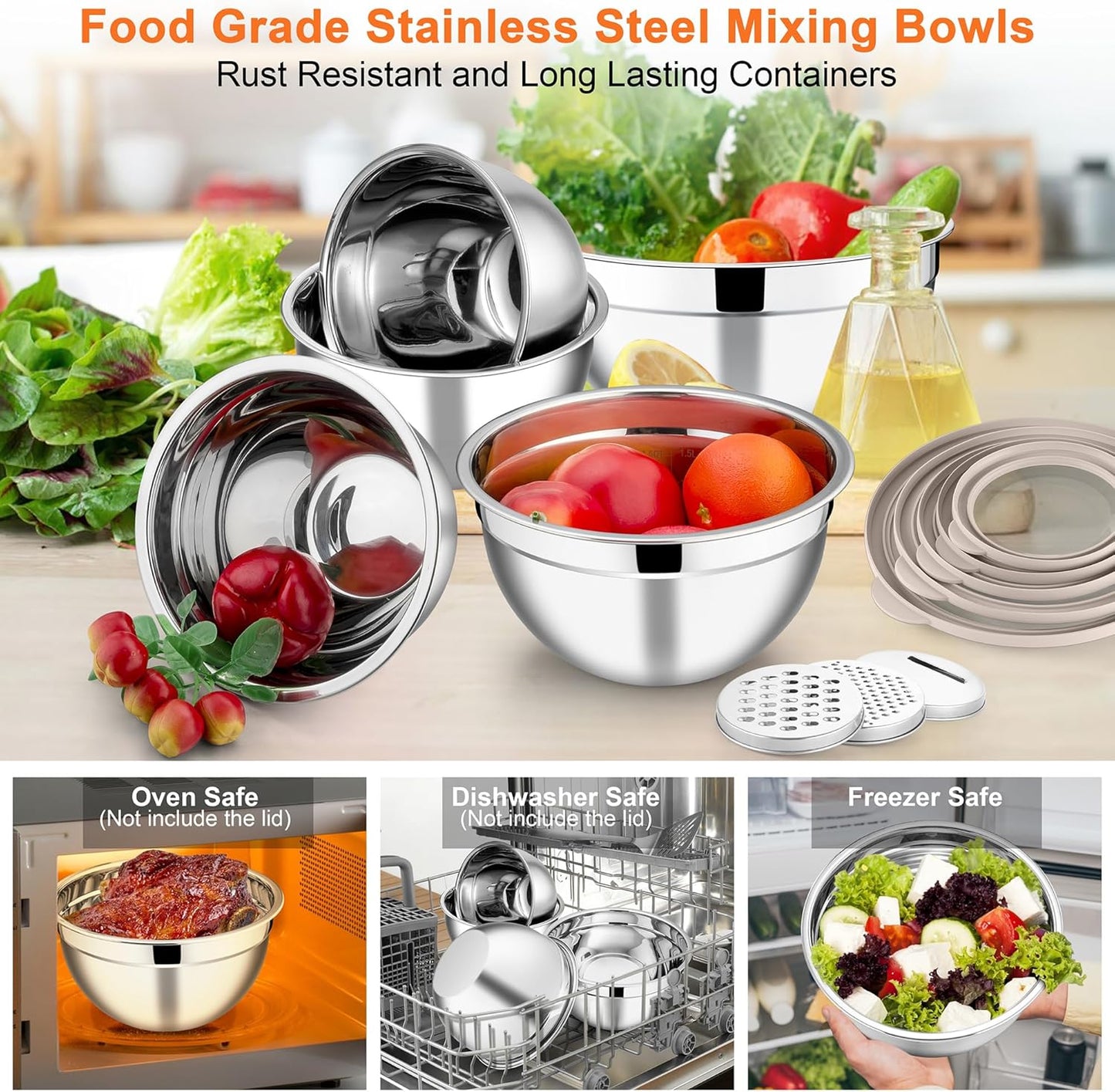 E-far Mixing Bowls Set of 5, Stainless Steel Salad Mixing Bowl with Transparent Lid, Metal Nesting Bowl Attach with 3 Graters for Kitchen Prepping/Serving/Baking/Storage, 4.6/2.6/1.5/1/0.7 QT - Black