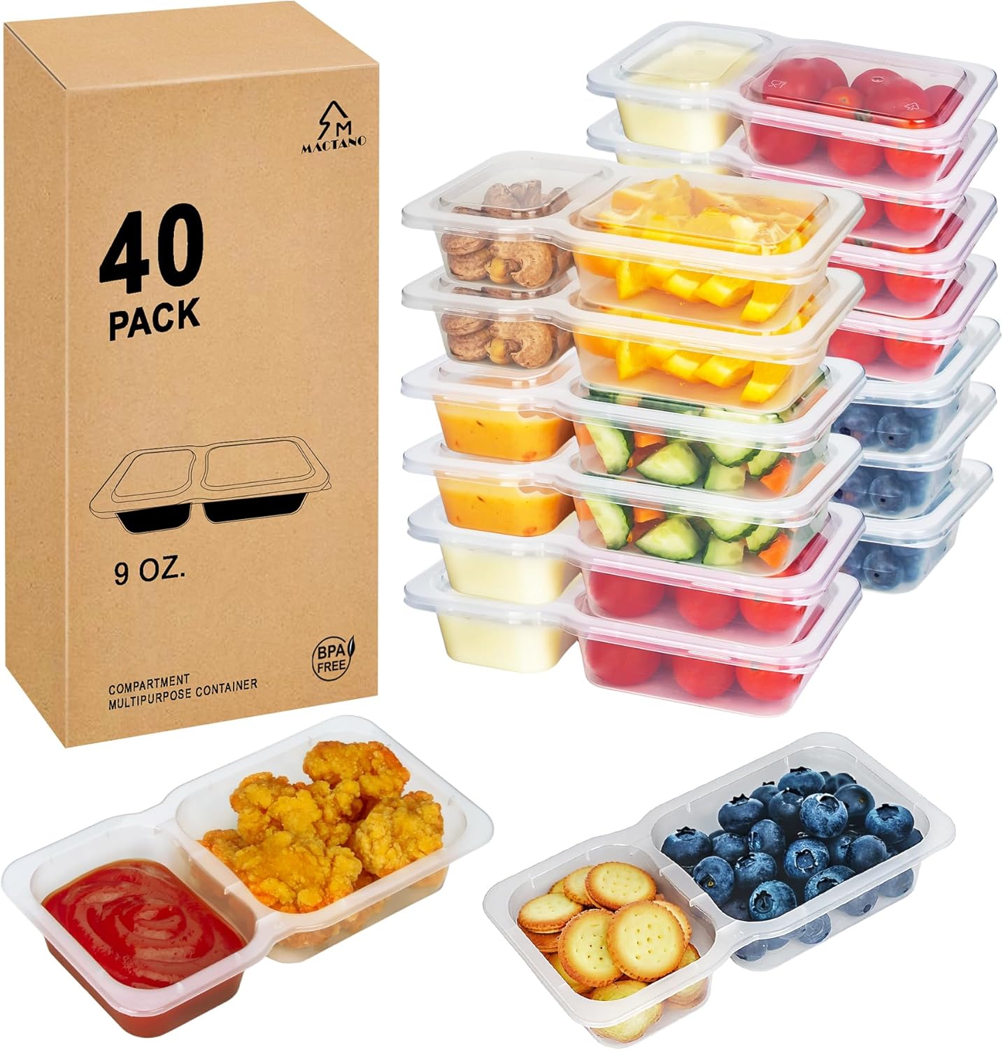 MACTANO Reusable Snack Containers with Lids, 9 oz Double Compartment Plastic Snack Pack Containers Portion Control Meal Prep Snack Boxes BPA Free 10 Sets for Work Travel School